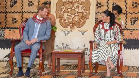 Dominic Lipinski/Getty Images The Duke and Duchess of Sussex during their trip to Tonga in October 2018