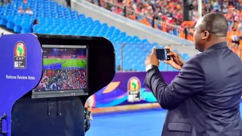 Getty Images The VAR station is pictured during the 2019 Africa Cup of Nations (CAN) quarter final football match between Nigeria and South Africa at Cairo international stadium on July 9, 2019.