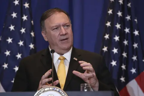 Getty Images US Secretary of State Mike Pompeo speaks during a press conference on the sidelines of annual UN General Assembly in New York on 26 September 2019.