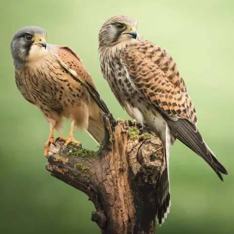 Matt Morris Two kestrels on a tree stump in Somerset