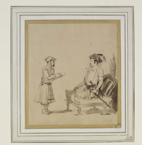 The British Museum A drawing on paper of Mughal Emperor Jahangir receiving an officer by Dutch artist Rembrandt.