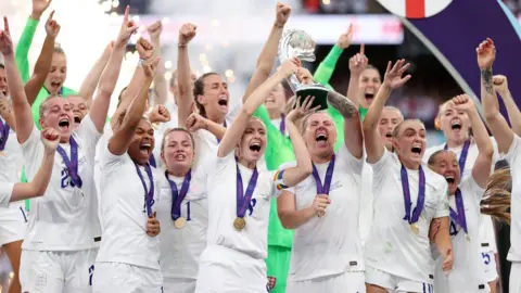 Getty Images The England squad lifts the trophy after beating Germany in the Euro 2022 final