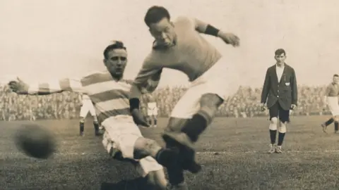 Western Morning News Jack Leslie scoring a goal against Queens Park Rangers in an old black and white photo.